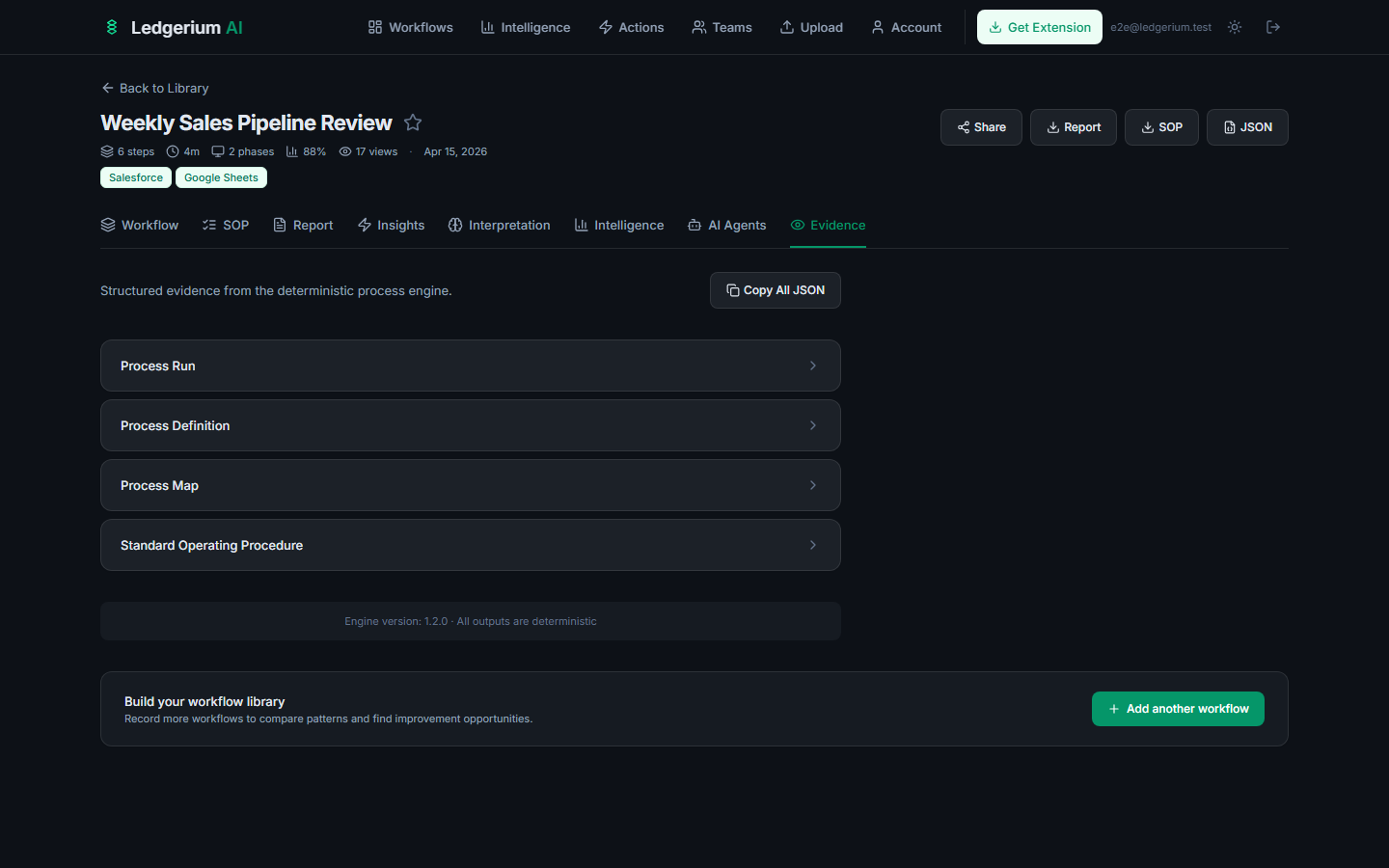 Workflow evidence tab showing structured events and confidence scores