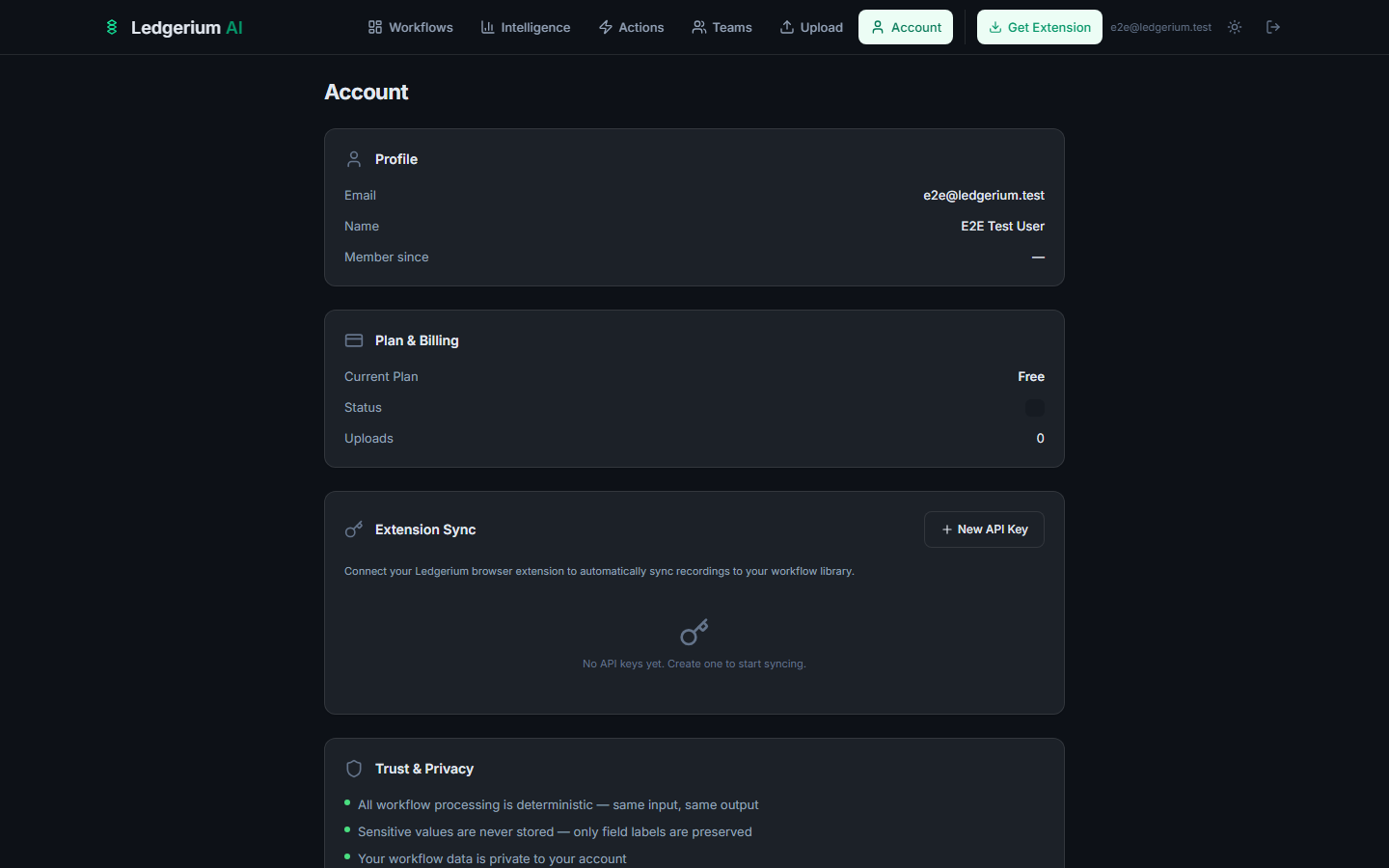 Account page showing the Extension Sync section with the New API Key button.