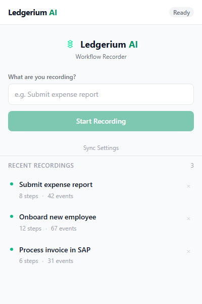 Extension idle screen showing workflow name field and settings