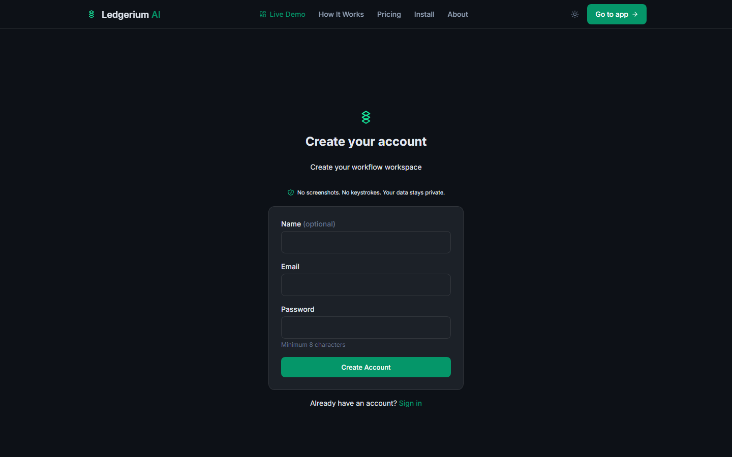 Ledgerium AI sign-up page showing name, email, and password fields with the Create Account button.