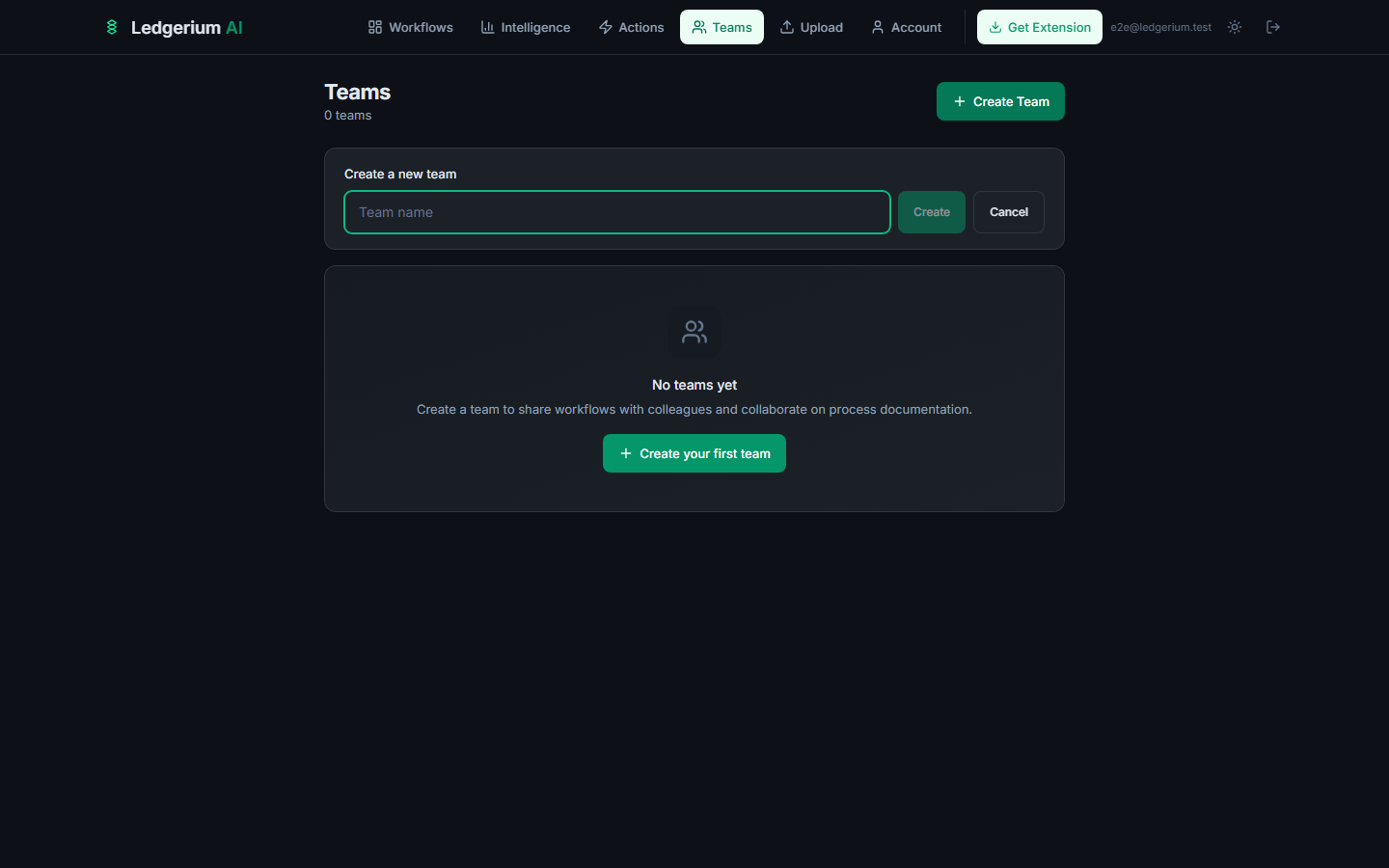 Create a new team dialog with a team name input field and Create/Cancel buttons.