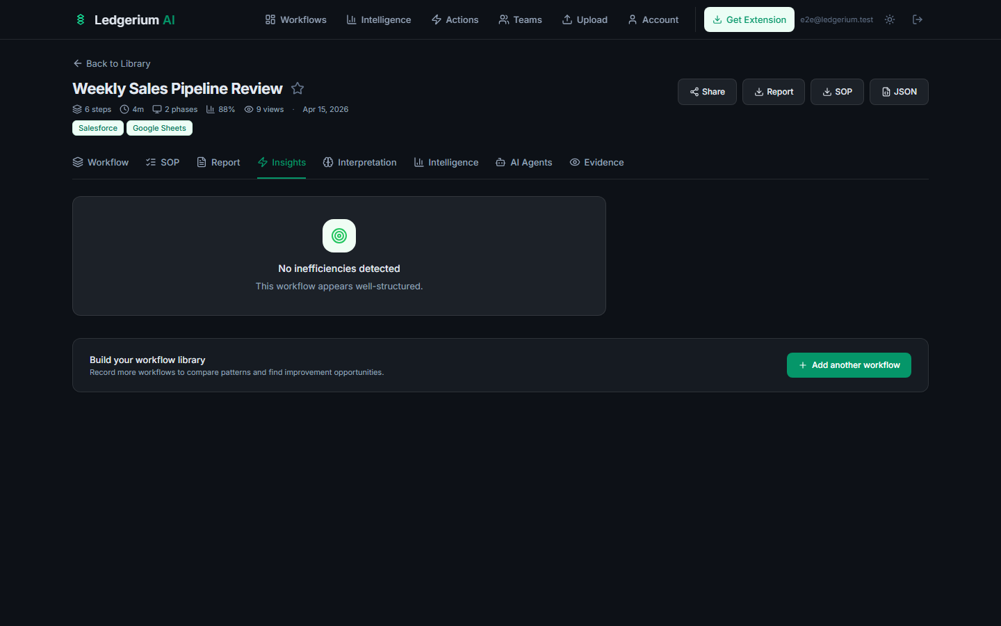 Insights tab showing a green 'No inefficiencies detected' status for a well-structured workflow.